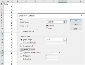 Pop-up of Excel spreadsheet
