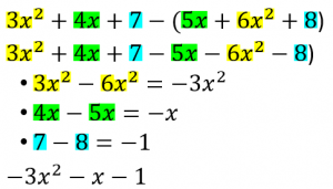 Color-coded example of subtracting polynomials