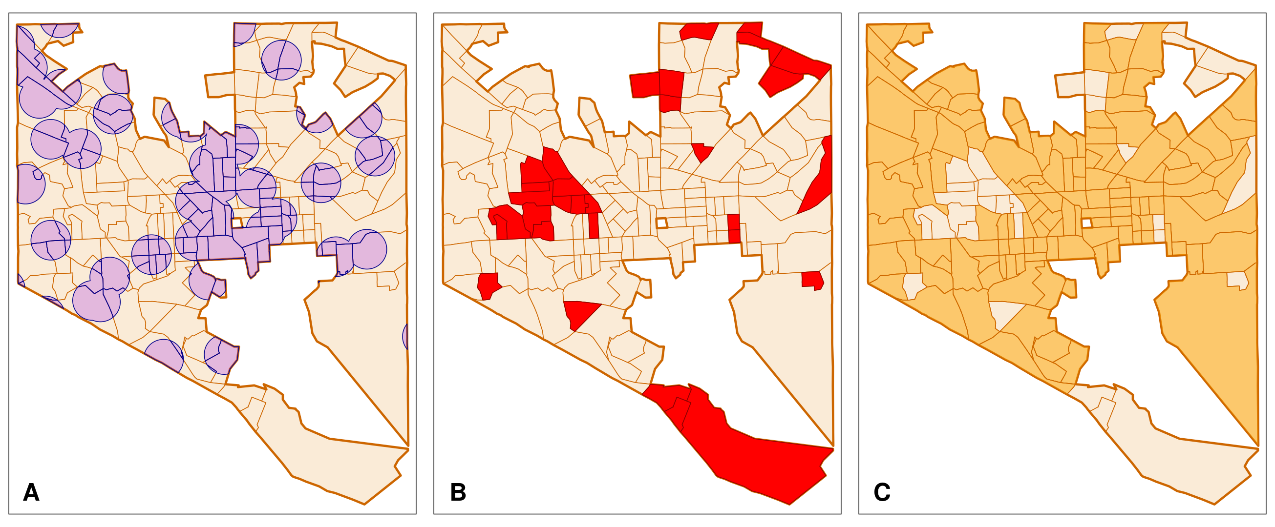Three maps of Baltimore City that show the overlap of low-income areas and vaccination sites