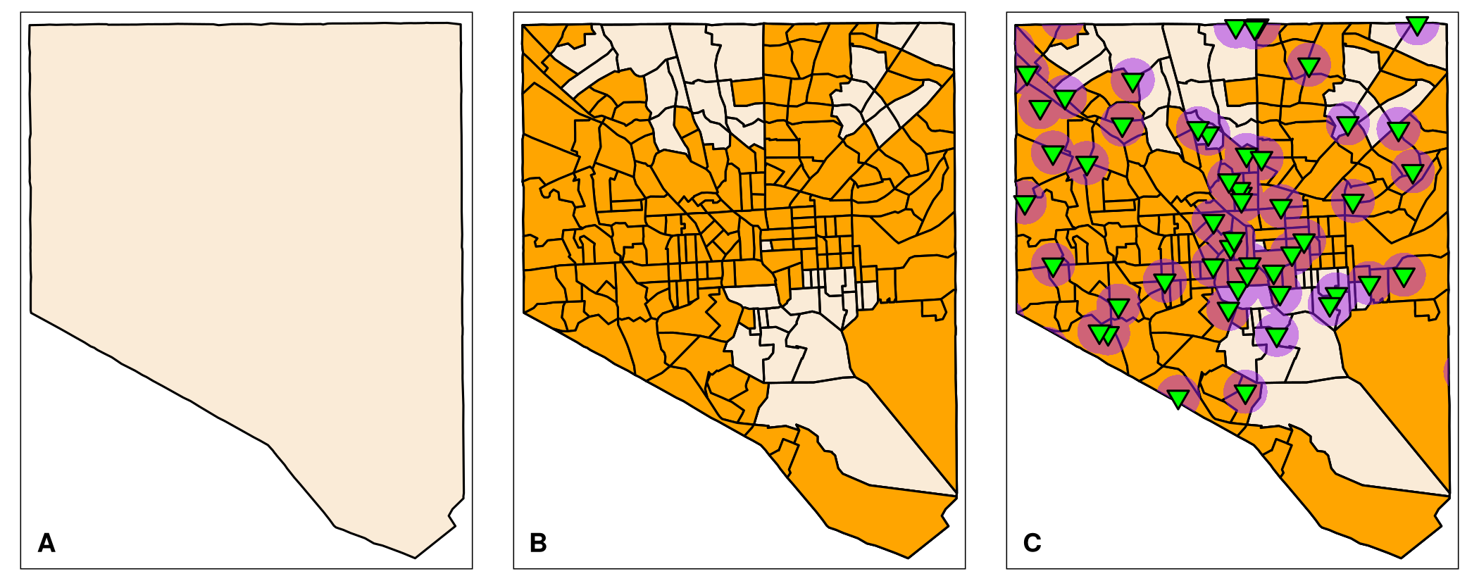 Three maps of Baltimore City showing its low-income areas and vaccination sites