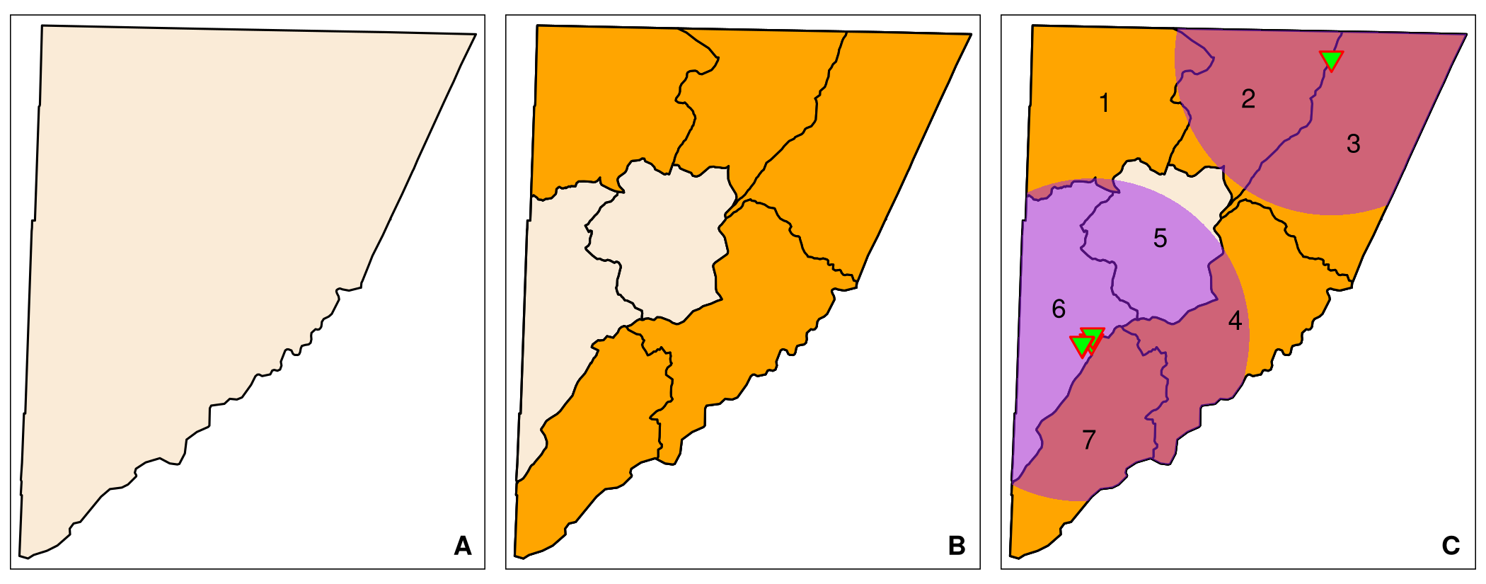 Three maps of Garrett County showing its boundaries, low-income rural areas, and vaccination sites