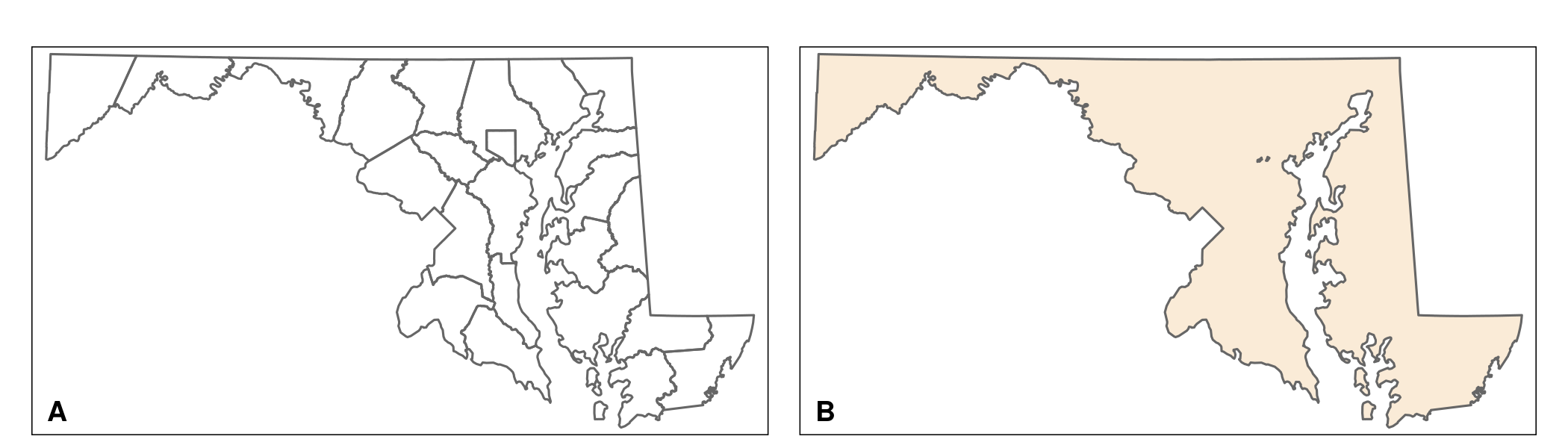 Two maps of Maryland showing political boundaries