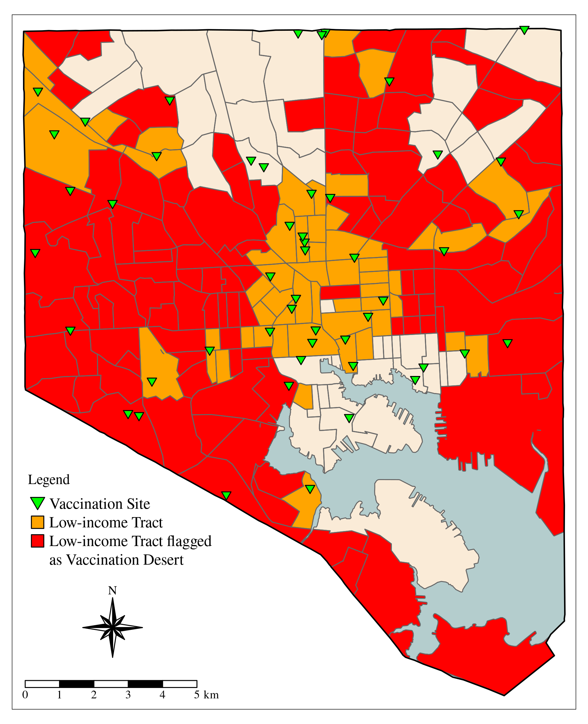 A map of Baltimore City that shows low-income areas and vaccination deserts