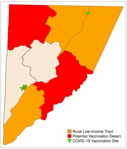 A map of Garrett County that shows its low-income rural areas and vaccination deserts