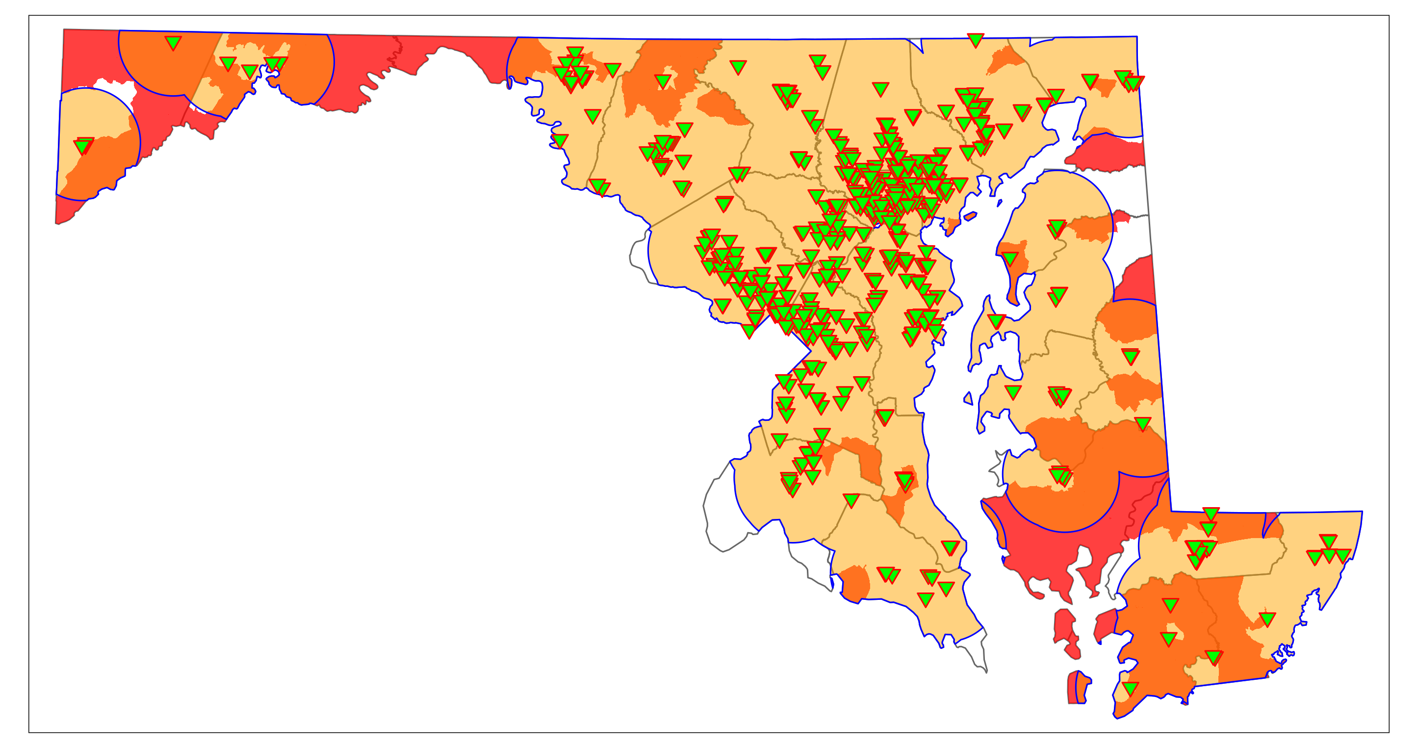 A map of Maryland showing rural areas and vaccination sites