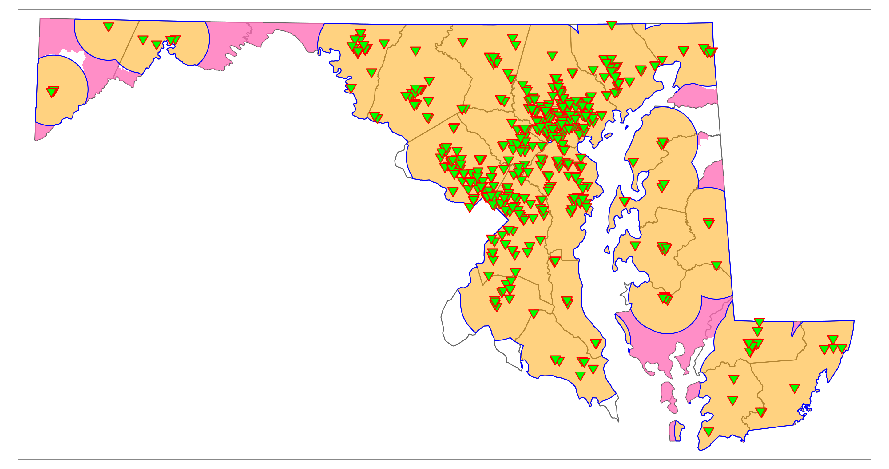 A map of Maryland showing rural vaccination deserts