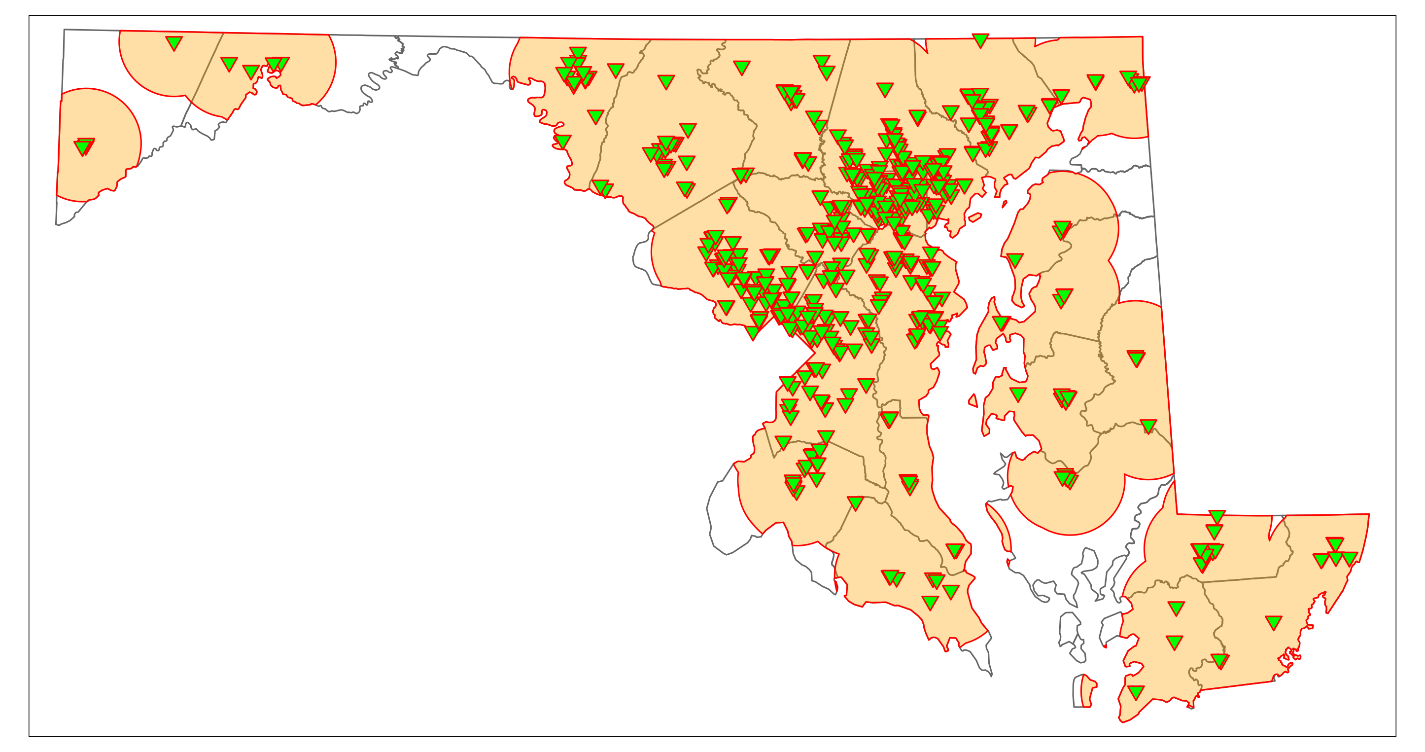 A map of Maryland showing vaccination sites