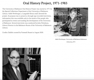 screenshot of University of Baltimore's Oral History Project webpage with links to recordings and collection.