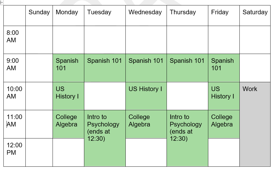 An example schedule that shows college courses in green