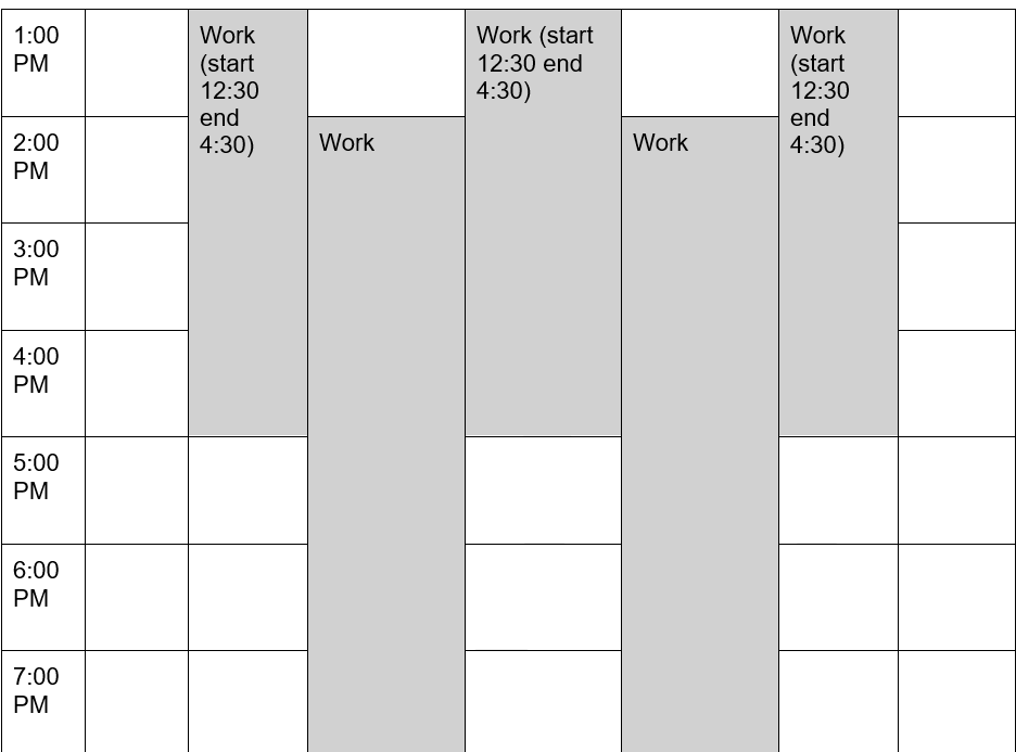 An example schedule that shows work shifts in grey