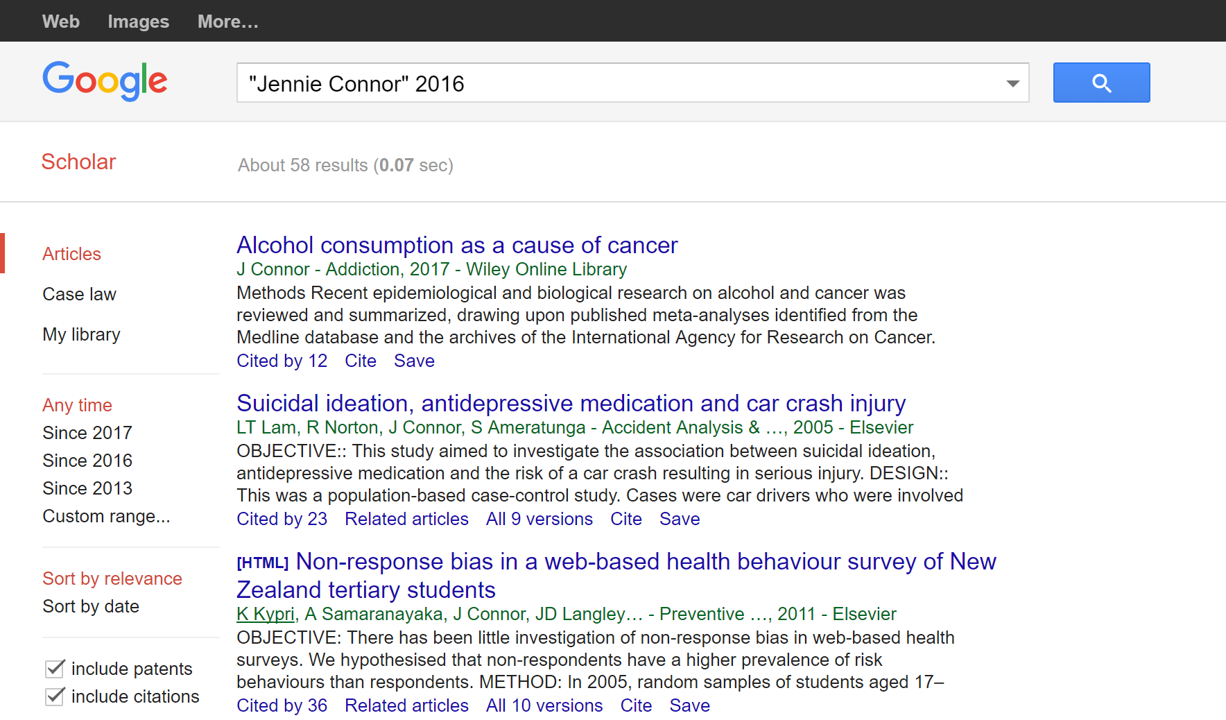 The Google Scholar search results for “Jennie Connor 2016,” which shows her well-cited publications. Her 2017 article received 12 citations, and two articles were cited by 23 and 36 others.