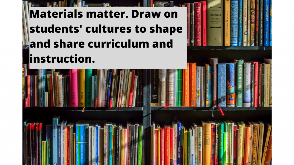 Shelves of books are shown with the text "Materials Matter. Craw on students' cultures to shape and share curriculum and instruction."
