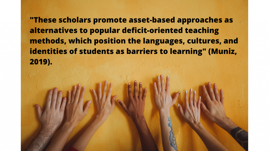 A series of hands are placed against a wall below the quote: "These scholars promote asset-based approaches as alternatives to popular deficit-oriented teaching methods, which position the languages, cultures, and identities of students as barriers to learning" (Muniz, 2019).