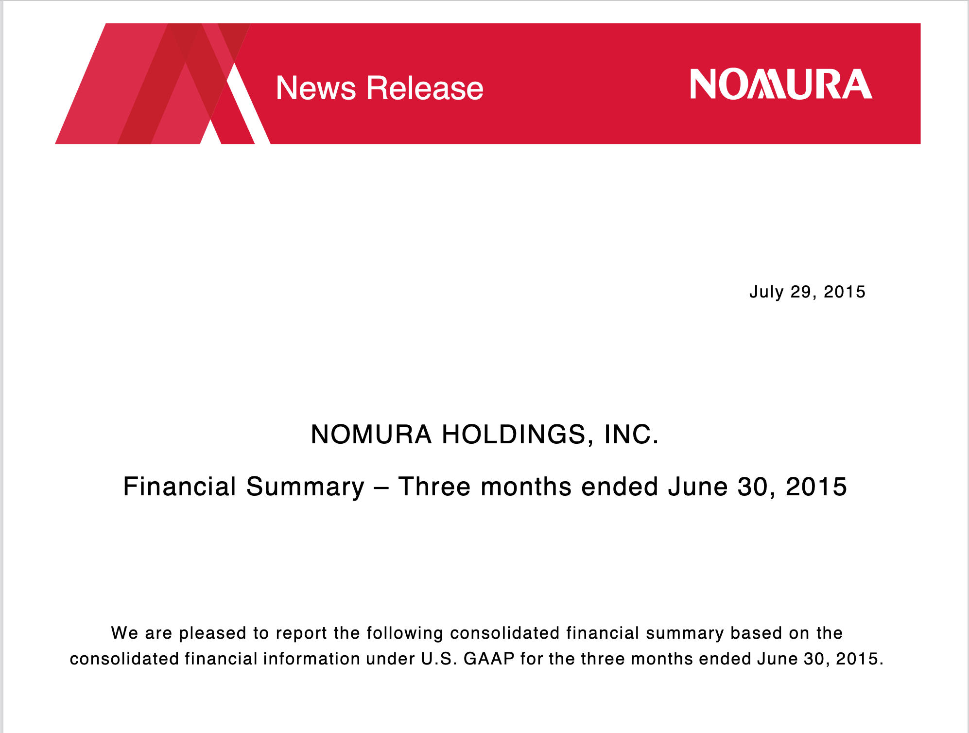 Nomura Financial Holdings Inc. Financial Summary Report