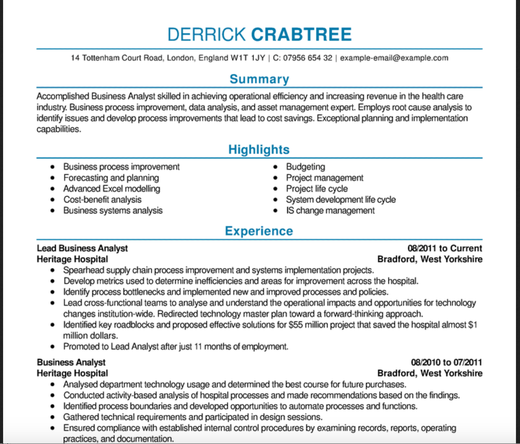 Resume example formatted with centered headings and brief descriptions on a single page document